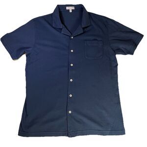 Peter Millar Lava Wash Camp Knit Shirt Short Sleeve Button Up Navy M Cotton